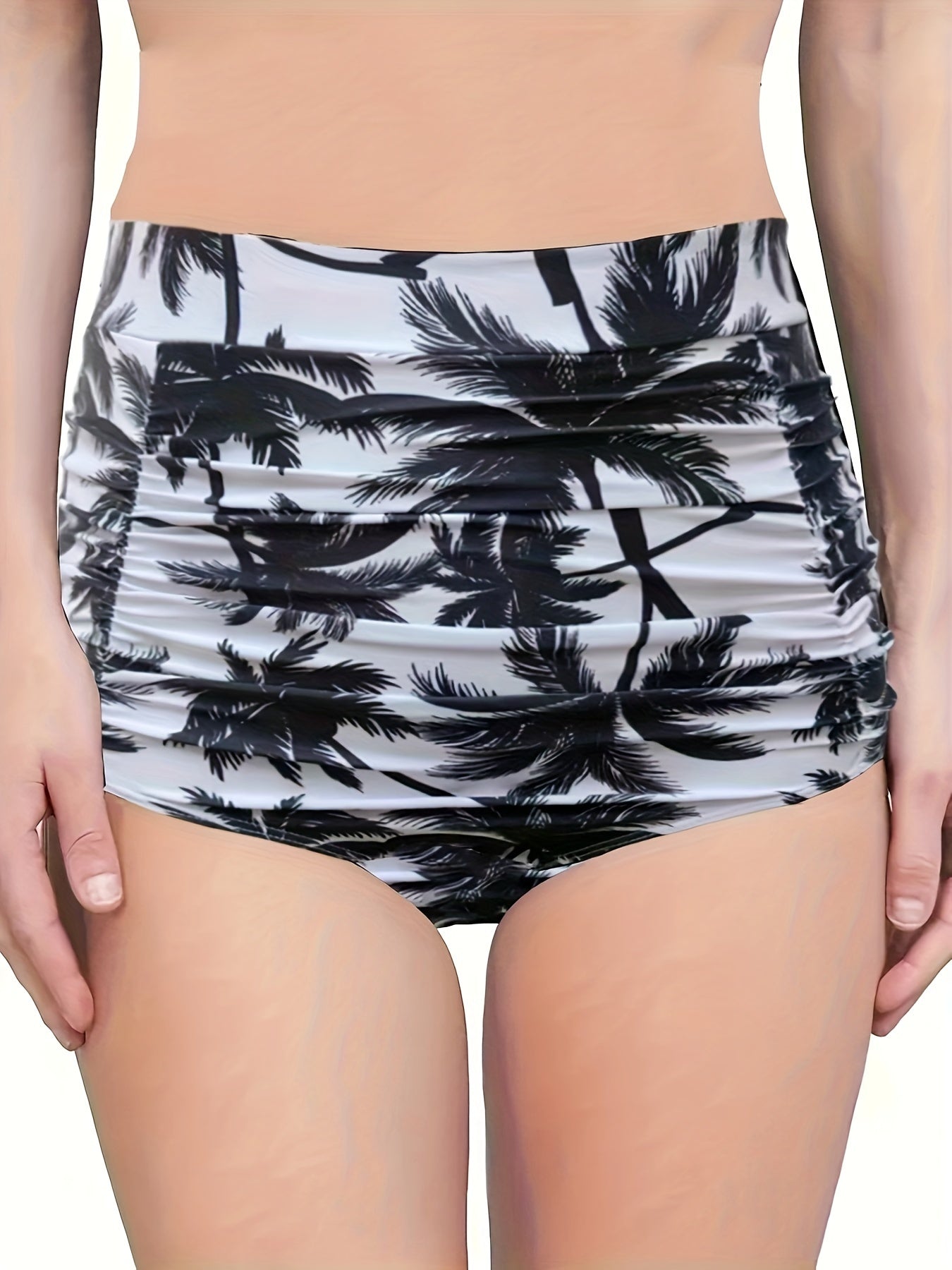 Coconut Tree Print Ruched High Waist Bikini Bottoms