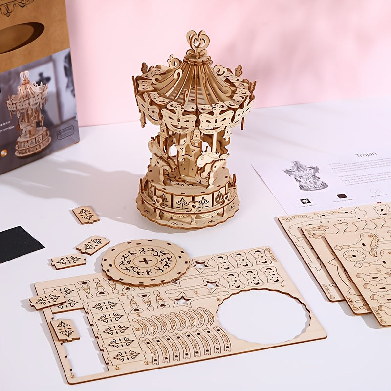 3D Wooden Carousel Jigsaw Puzzle DIY Assembly Model Creative Toy