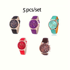 2pcs Quartz Watch Set Round Zinc Alloy Case PUPU PU Leather Strap No Required