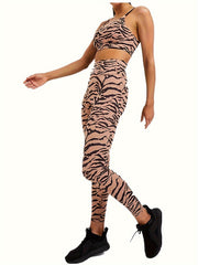 2pcs Leopard Print Yoga Set Cami Tank Top & Leggings Suit Women's Activewear