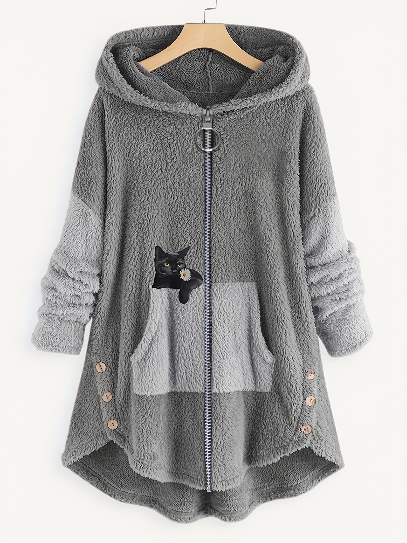 Cat Print Hooded Coat Warm Outerwear For Fall & Winter