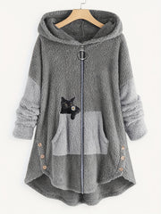 Cat Print Hooded Coat Warm Outerwear For Fall & Winter