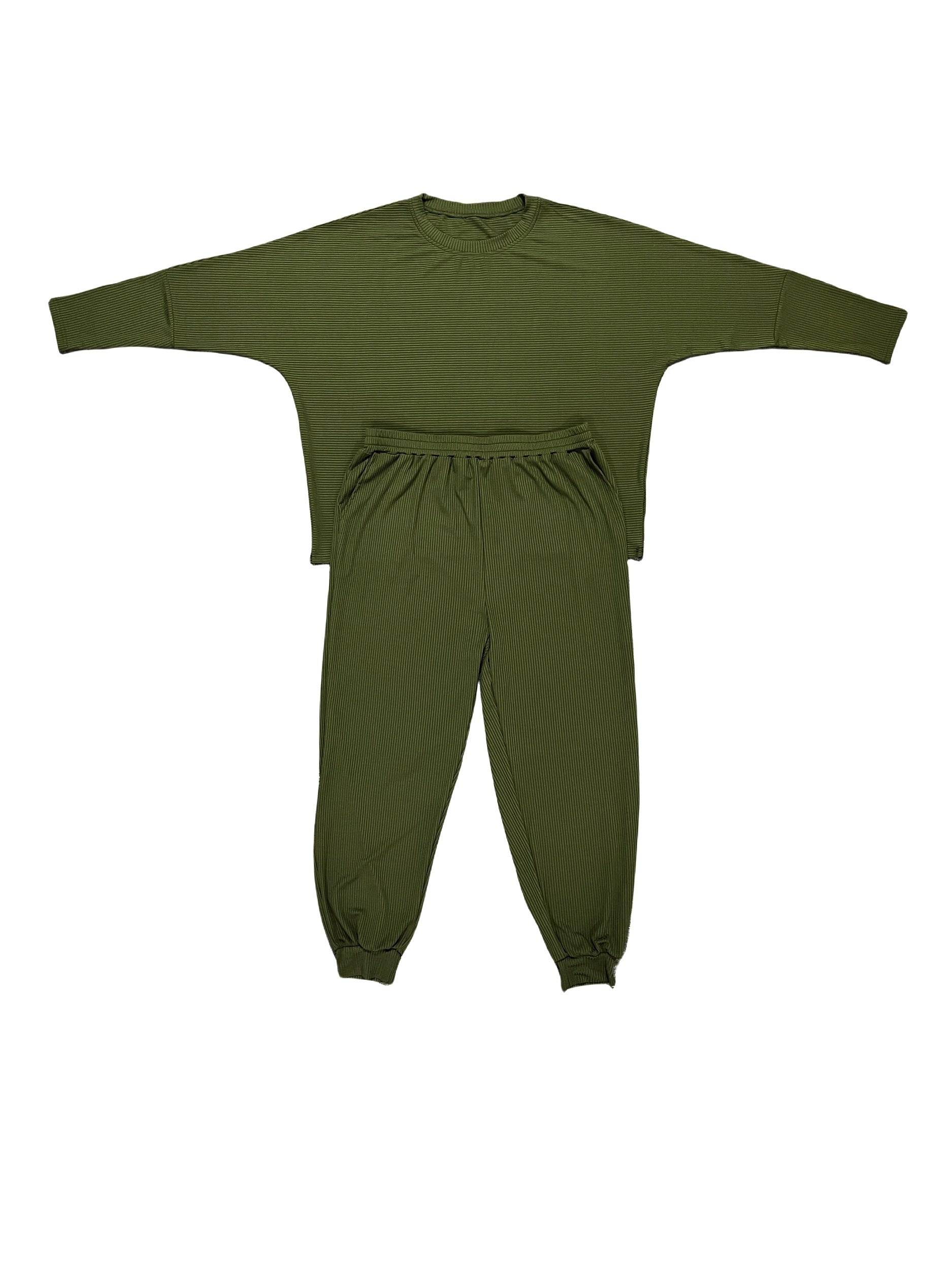 Solid Ribbed Top & Pants Set, Long Sleeve Round Neck, Casual 2-Piece