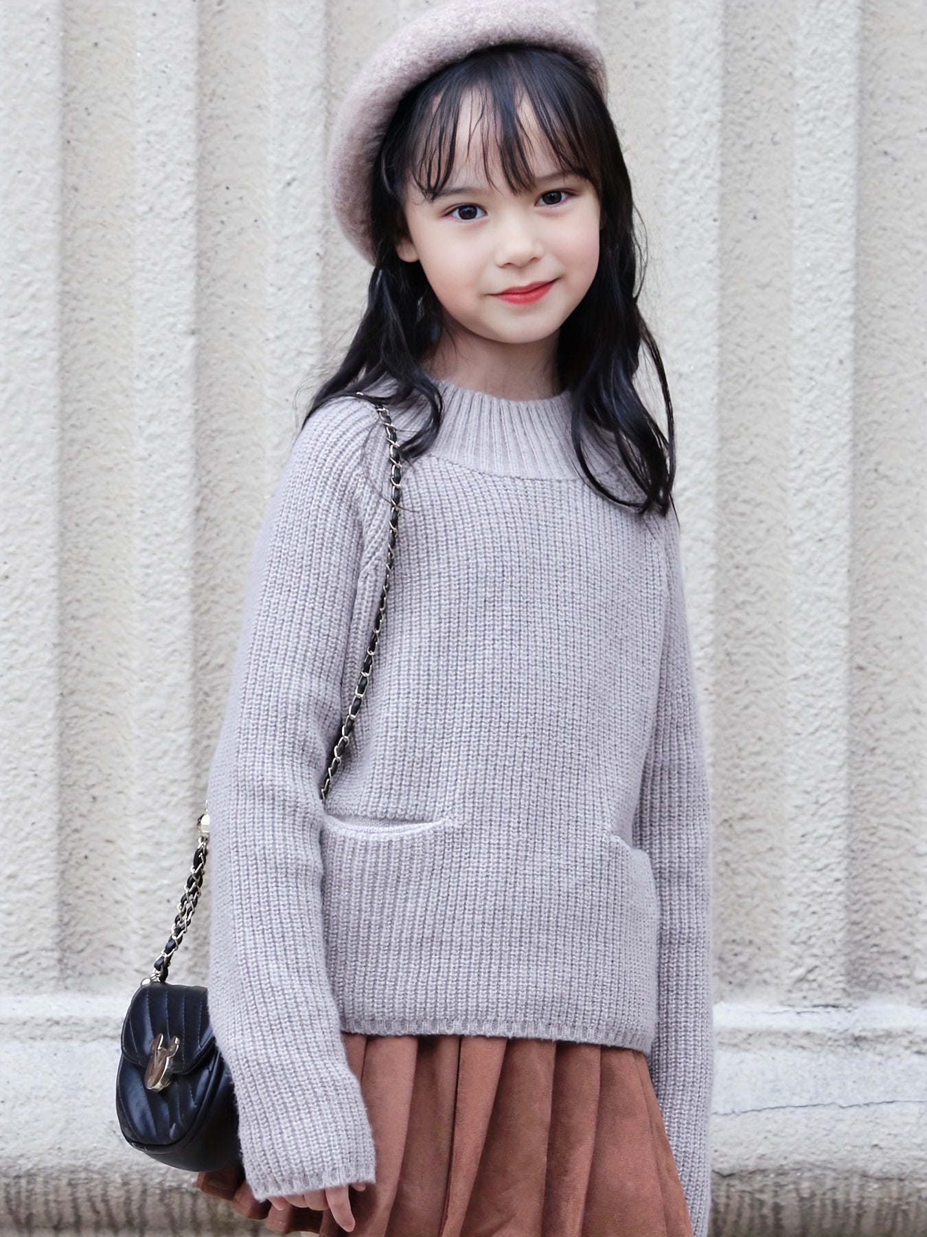 Girls 95 Cotton Ribbed Pullover With Pocket Knitwear