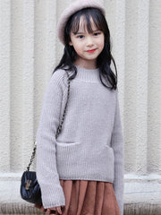Girls 95 Cotton Ribbed Pullover With Pocket Knitwear