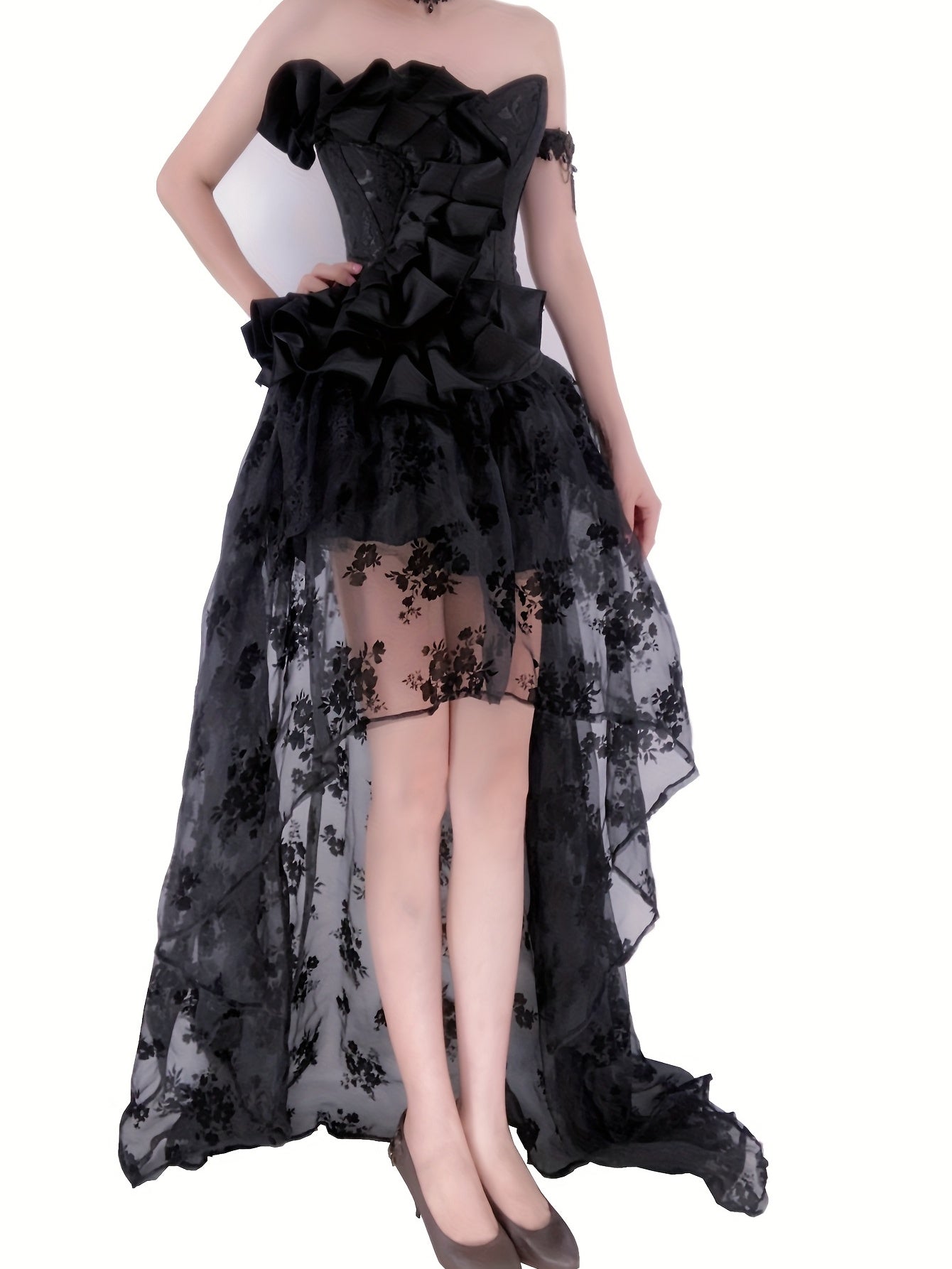 Goth Floral Lace Corset & Mesh Skirt Set Women's Lingerie