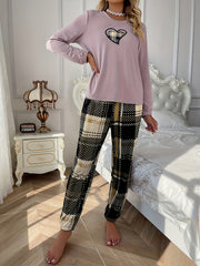 Heart Print Pajama Set with Plaid Pants