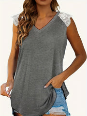 V Neck Tank Top Lace Stitching Sleeveless Summer Casual