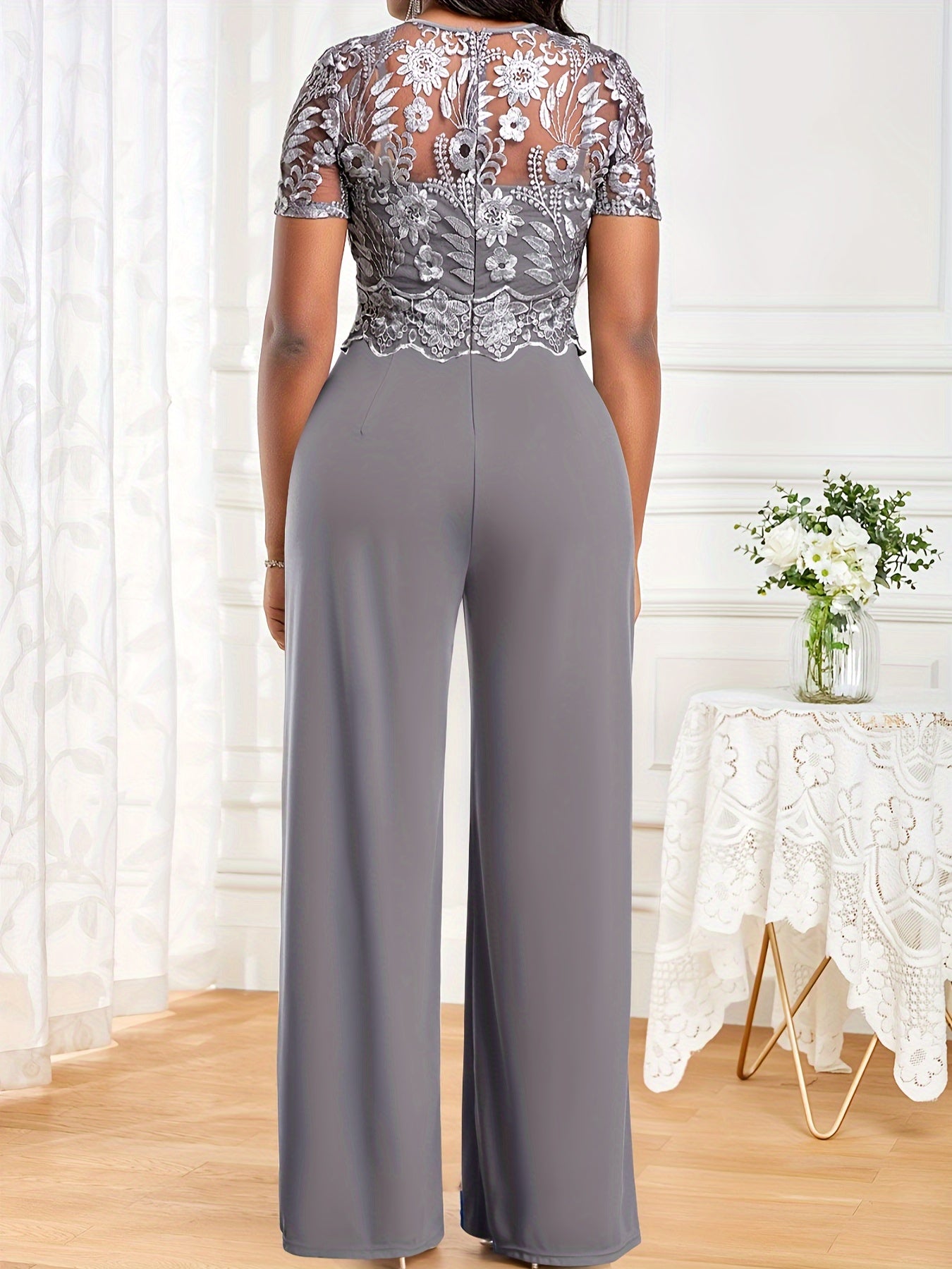 Lace Sleeve Round Neck Wide Leg Jumpsuit
