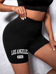 LA Print Biker Shorts High Waist Stretch Skinny Workout Yoga Shorts