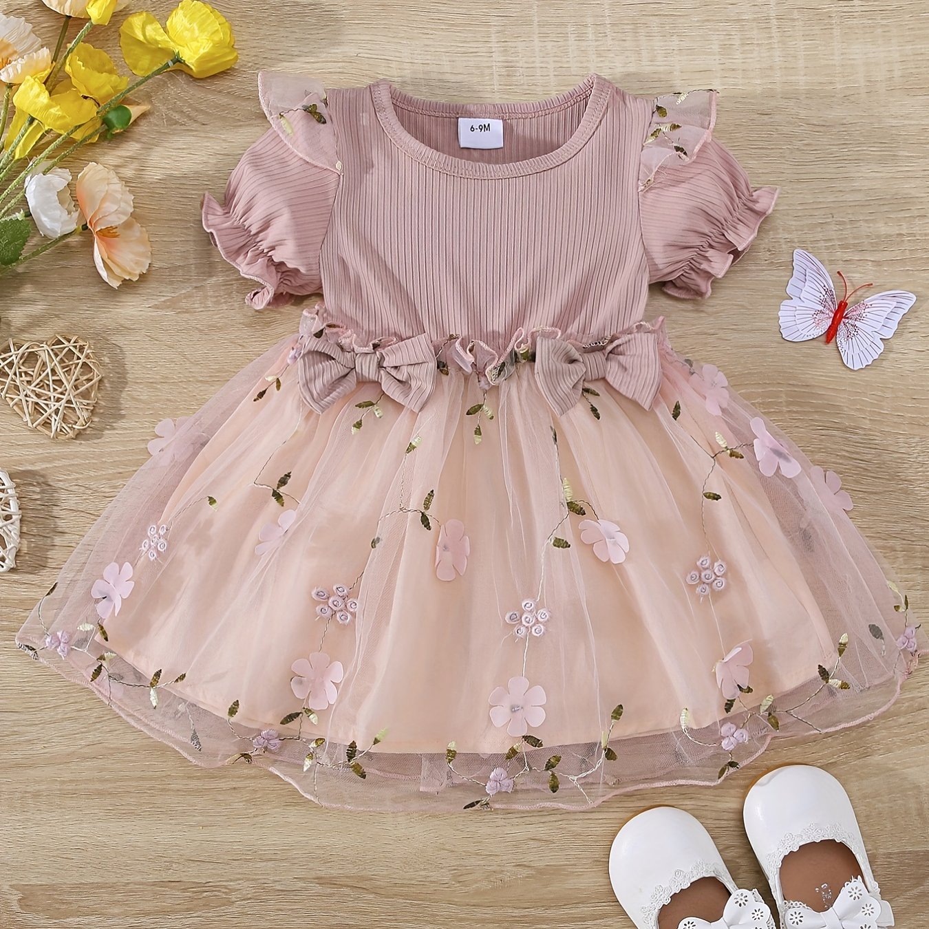 Baby Girls Floral Bowknot Mesh Puff Sleeve Dress