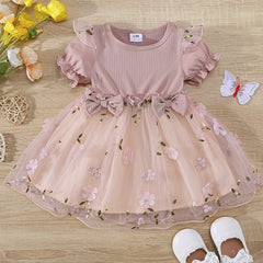 Baby Girls Floral Bowknot Mesh Puff Sleeve Dress