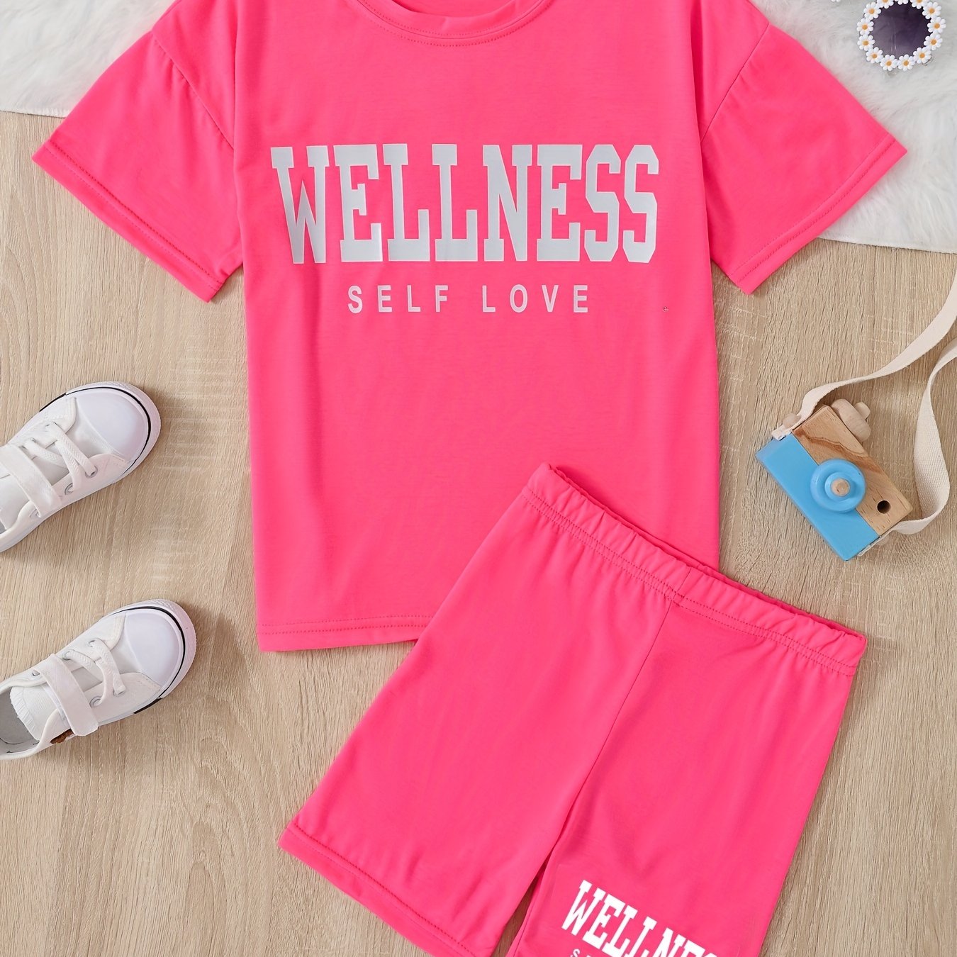 Girl's Casual Suit: Letter Print T-shirt & Bicycle Shorts