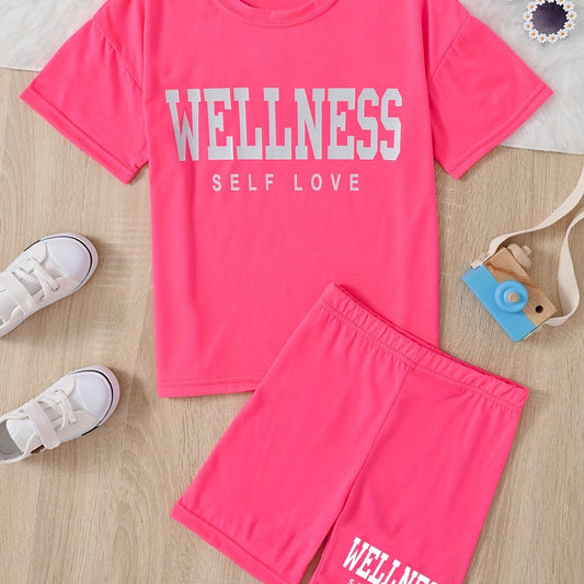 Girl's Casual Suit: Letter Print T-shirt & Bicycle Shorts