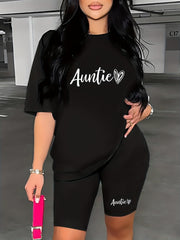 Letter & Heart Print Two piece Set Casual Short Sleeve T shirt & Biker Shorts
