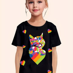 Rainbow Kitty & Heart Graphic Short Sleeve T shirt Girls Summer Clothes
