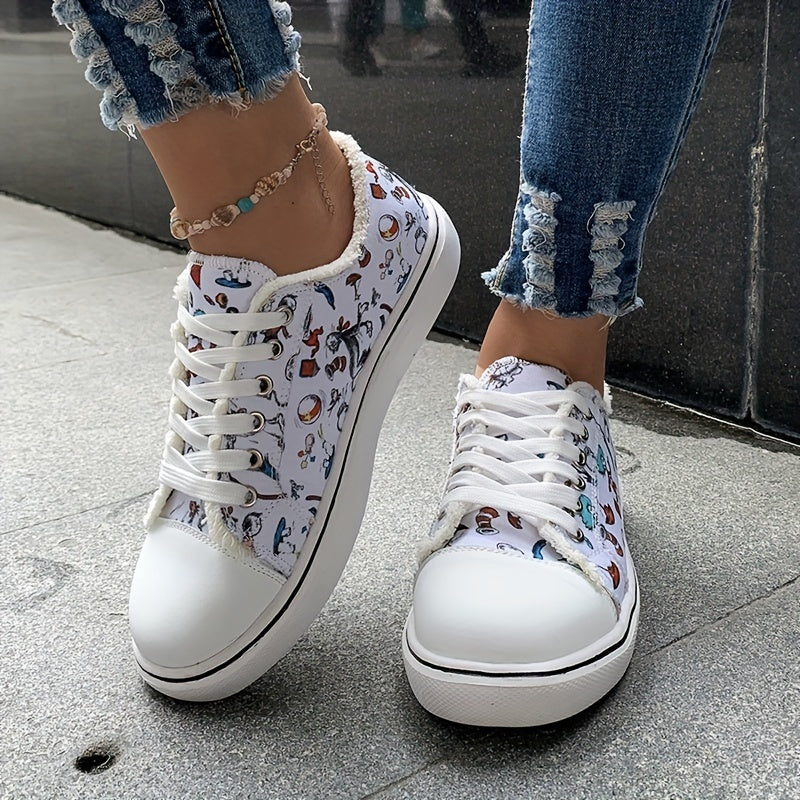 Women's Cartoon Canvas Lace Up Flat Shoes