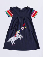 Girls Cartoon Dress Rainbow Strips Unicorn Flower Butterfly Embroidery