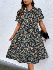 Plus Size Boho Dress Women's Plus Floral Print Short Sleeve Belted Dress