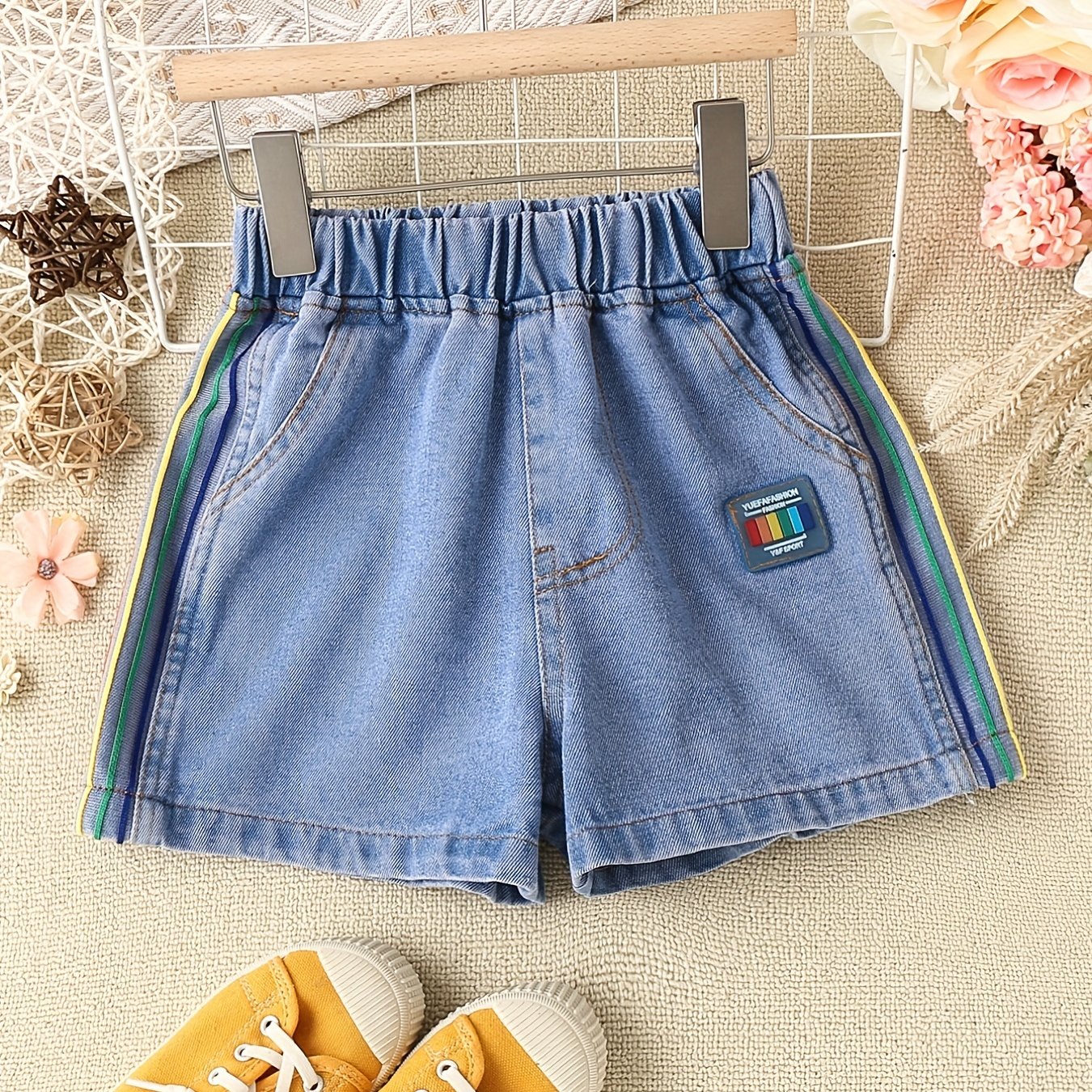 Girls Denim Shorts Rainbow Side Stripe Casual Pants Kids