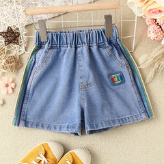 Girls Denim Shorts Rainbow Side Stripe Casual Pants Kids