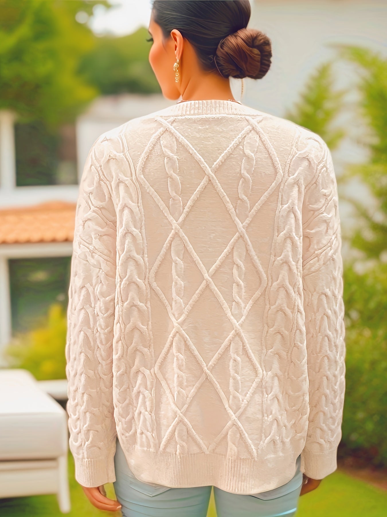 Casual Sweater Women's Plus Solid Jacquard Long Sleeve Round Neck