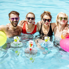 12PCS Inflatable Pool Floats with Drink Holders and Sequin Floating Cup Holders