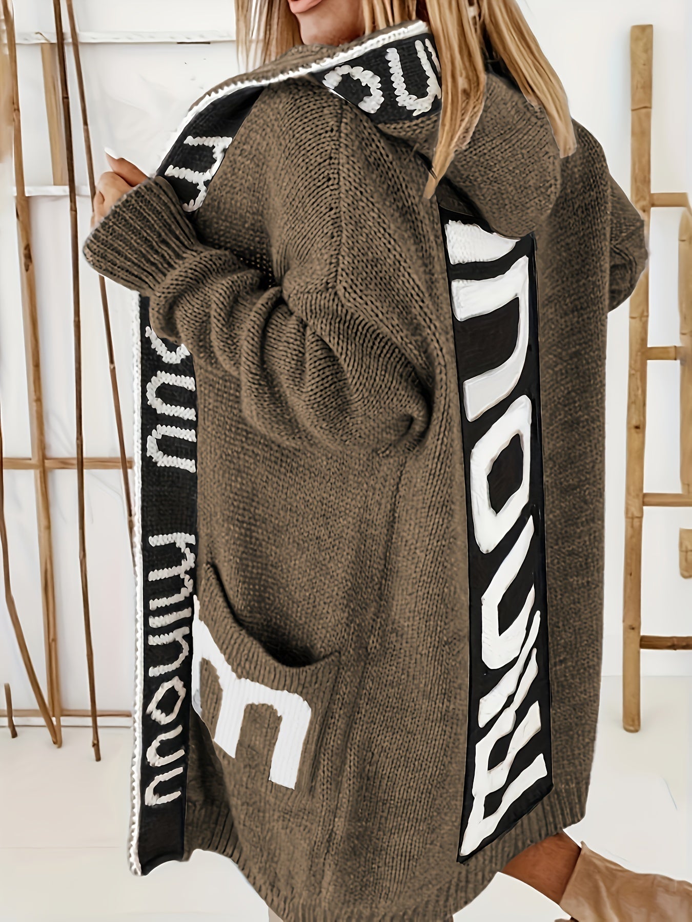 Letter Print Hooded Cardigan with Pockets