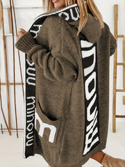 Letter Print Hooded Cardigan with Pockets
