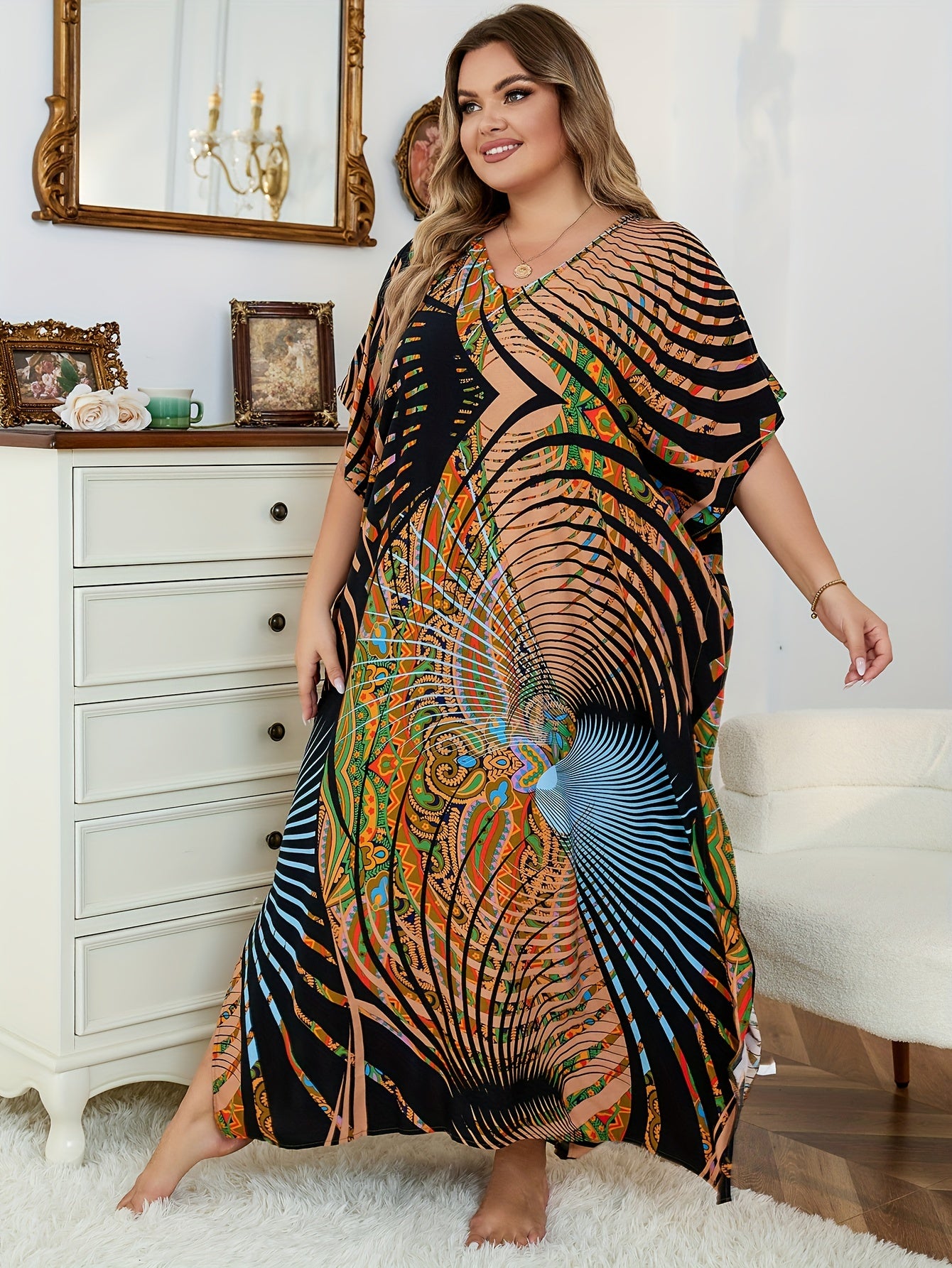 Boho Plus Size Cover Up Graphic Print V Neck Maxi Beach Dress