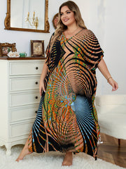 Boho Plus Size Cover Up Graphic Print V Neck Maxi Beach Dress