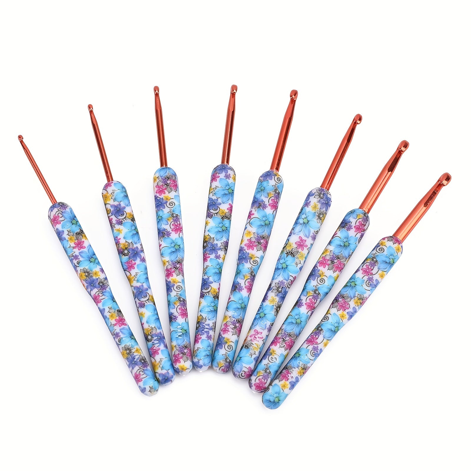 8pcs Aluminum Crochet Hooks Set Bule Floral Ergonomic Handle Comfort Grip