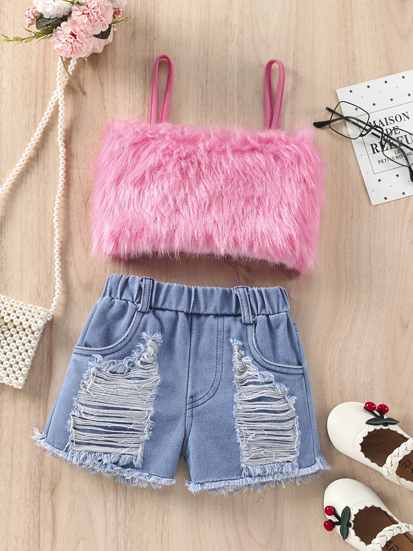 Y2K Plush Cami Top & Ribbed Denim Shorts Set - Summer Music Party