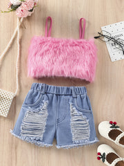 Y2K Plush Cami Top & Ribbed Denim Shorts Set - Summer Music Party