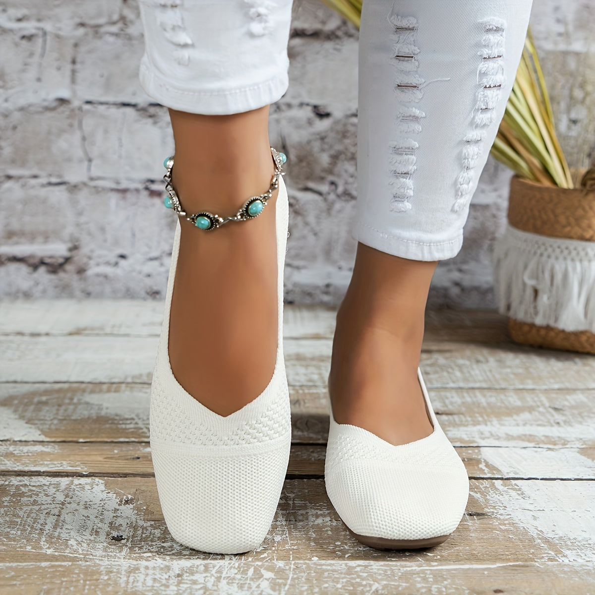 Women's Breathable Knit Slip On Flat Shoes Lightweight Square Toe Shoes