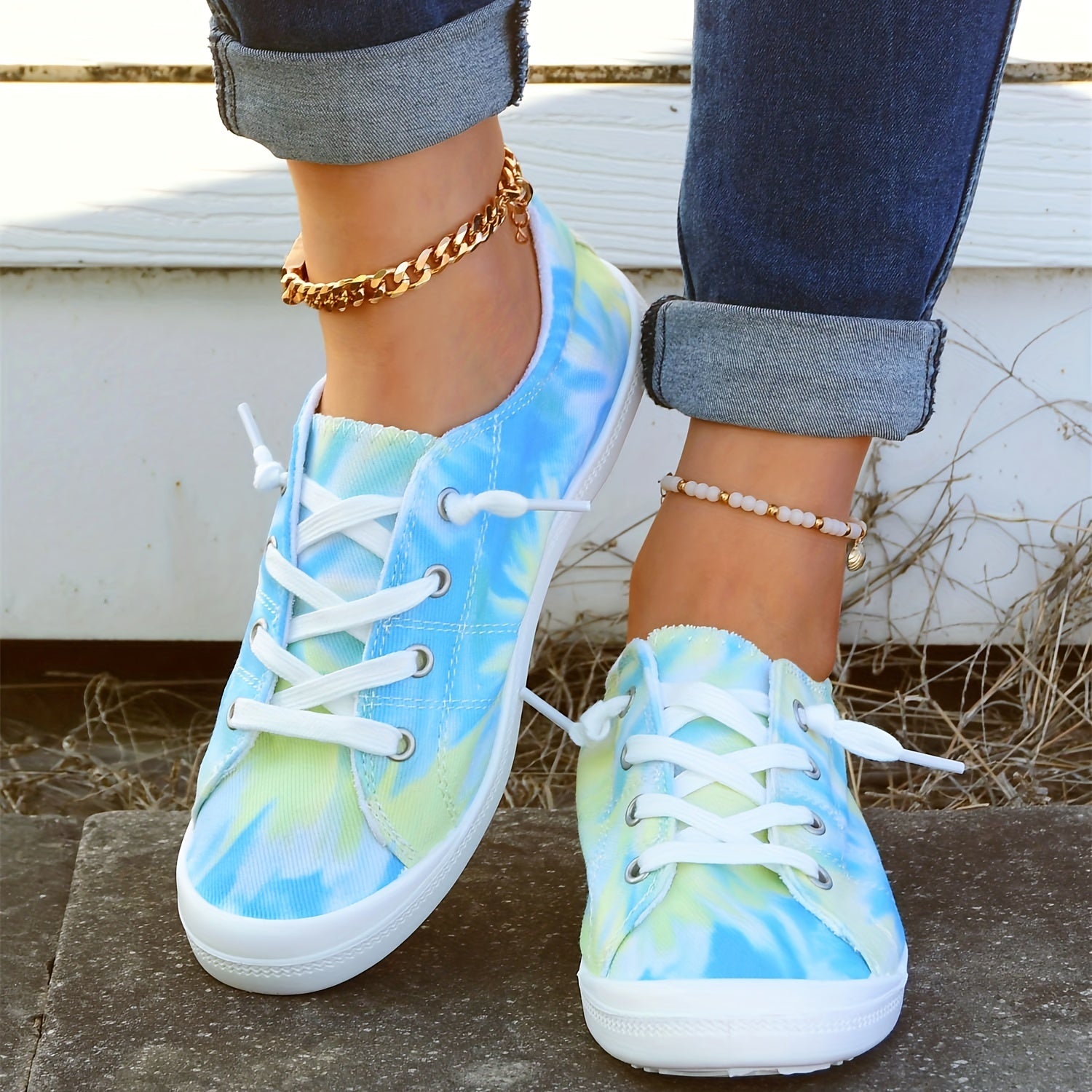 Women's Tie Dye Canvas Shoes Lace Up Flat Walking Anti Slip Sneakers