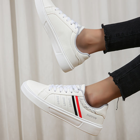 Faux Leather Stripes Pattern Skate Shoes Wear Resistance Non Slip Flat Sneakers