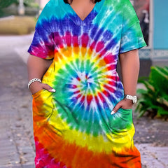 Women's Plus Tie Dye Short Sleeve V Neck Stretch Dress With Pockets