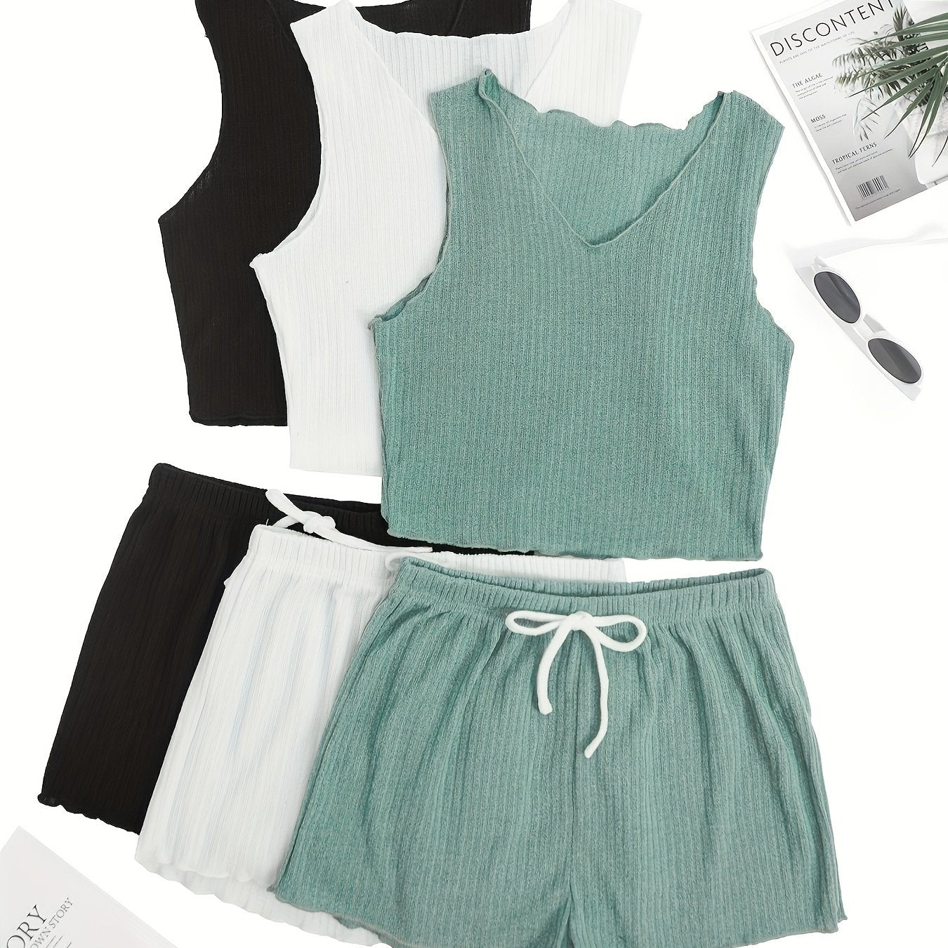 Ribbed Lounge Set Tank Top & Lace Up Shorts Women's Loungewear
