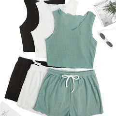Ribbed Lounge Set Tank Top & Lace Up Shorts Women's Loungewear
