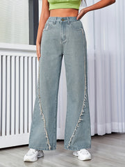 Raw Fringe Vintage Style Wide Leg Jeans High Rise Washed