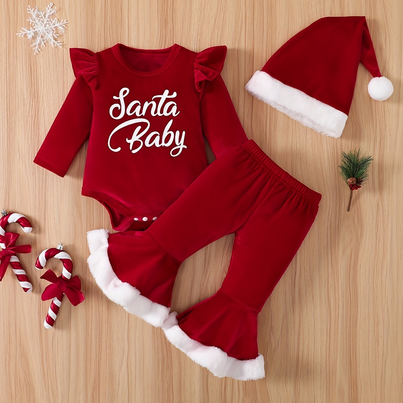 Baby Girls Christmas Bodysuit & Flared Pants & Hat Set