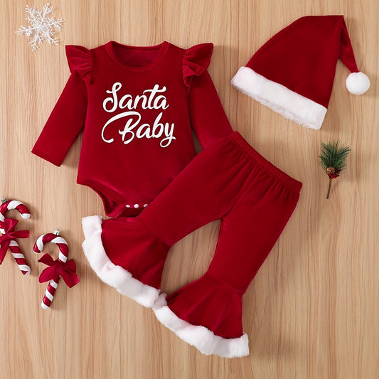 Baby Girls Christmas Bodysuit & Flared Pants & Hat Set