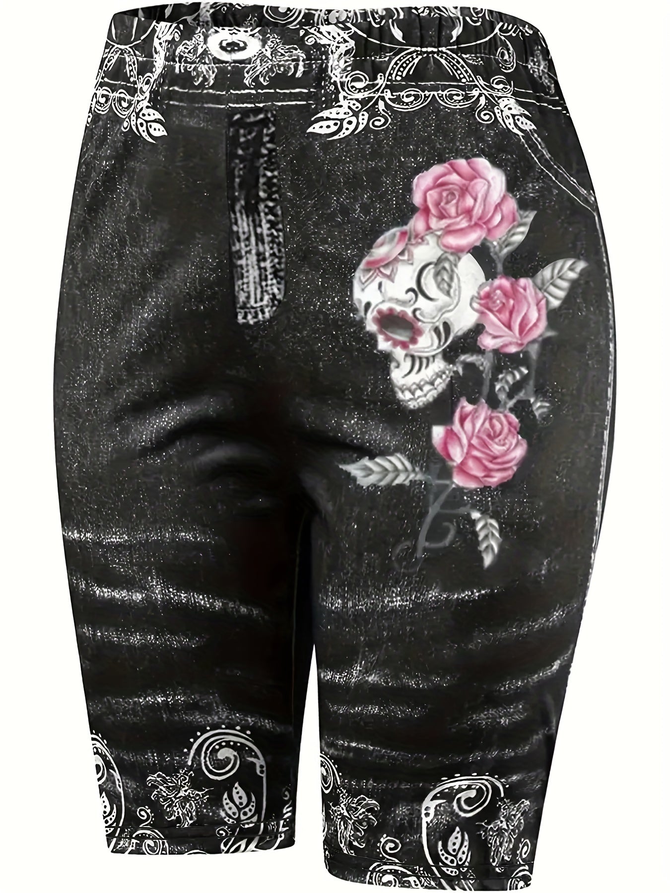 Skull & Flower Print High Waist Denim Shorts