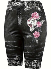 Skull & Flower Print High Waist Denim Shorts