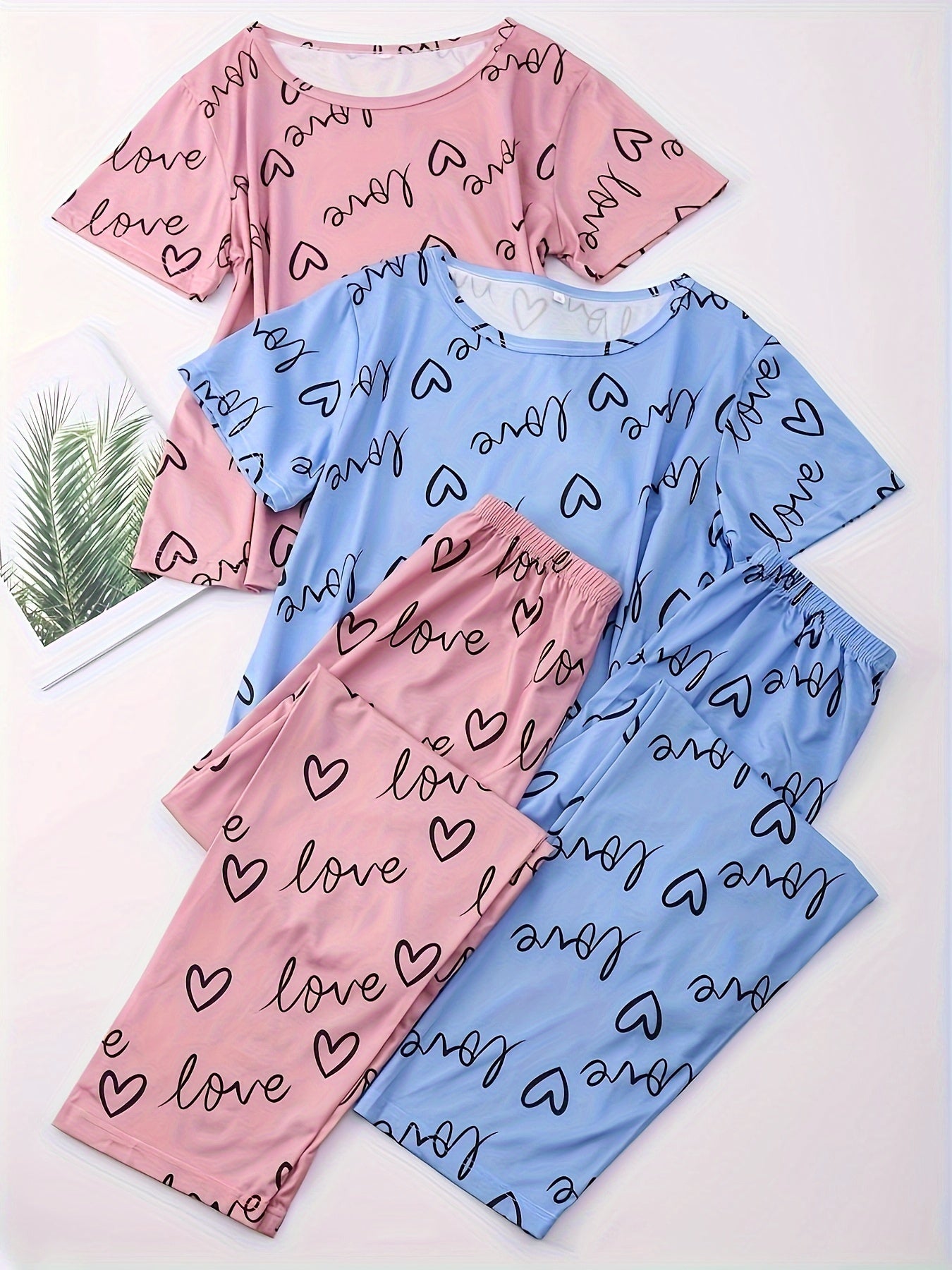 Heart Print Pajama Set Short Sleeve Crew Neck Top & Elastic Waistband Pants