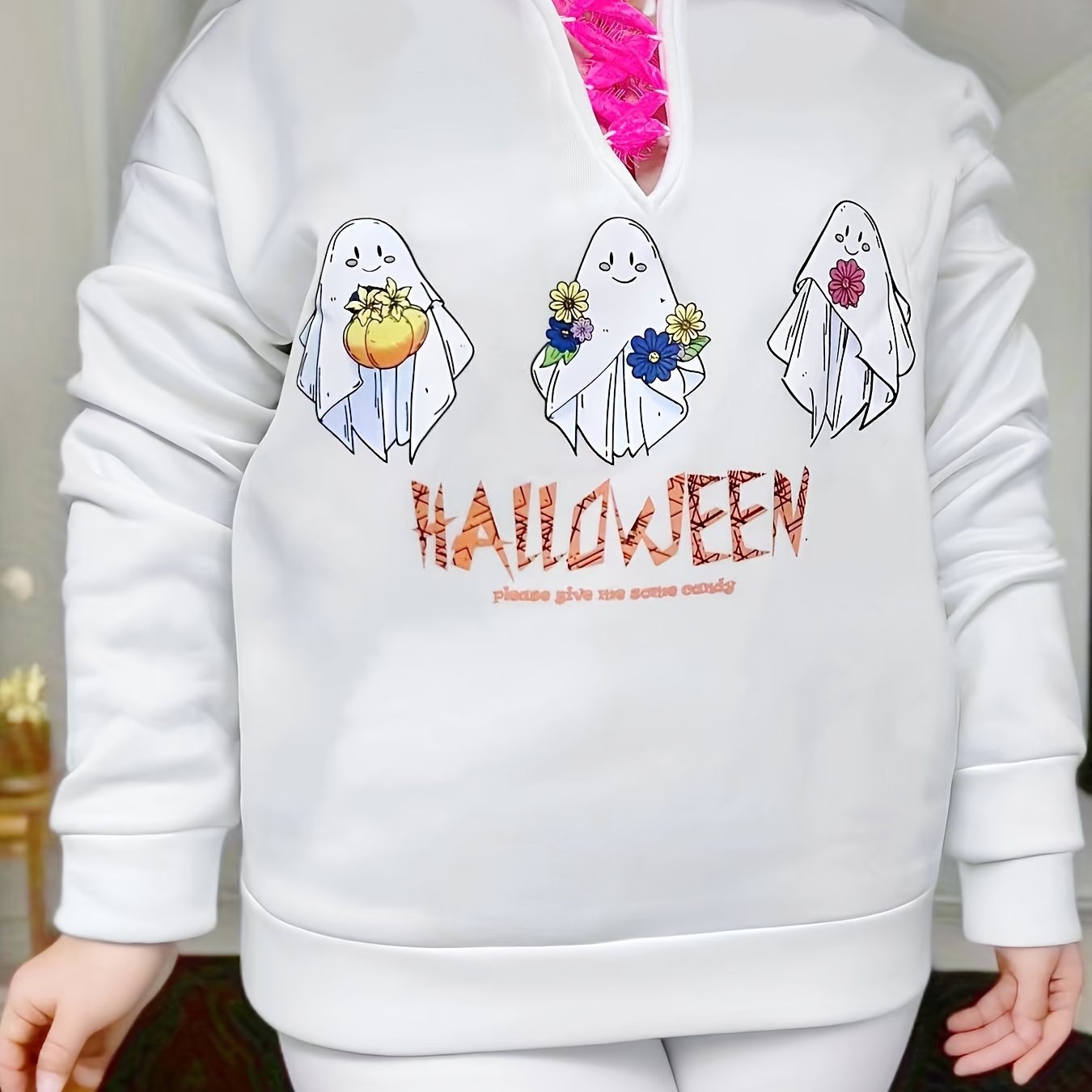 Women's Plus Ghost & Letter Print Lace Long Sleeve Hoodie
