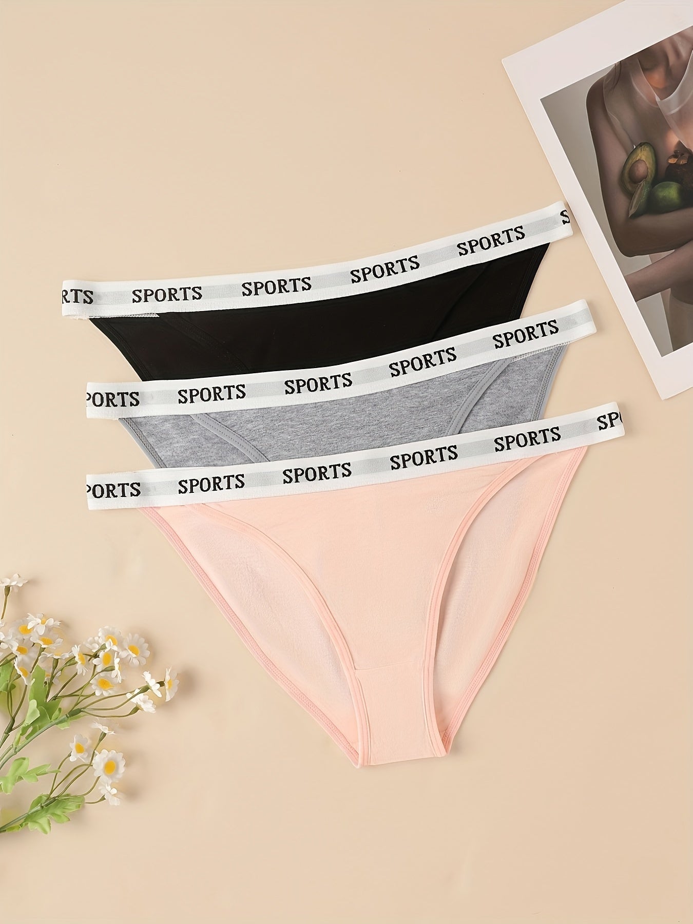 3pcs Letter Print Bikini Panties Stretchy Intimates Women's Lingerie