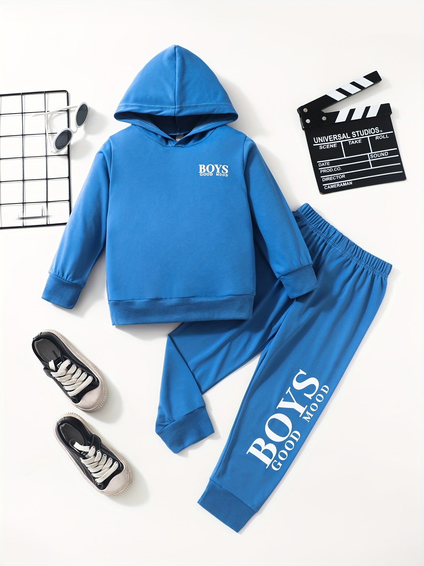 2PCS BOYS GOOD MOOD Letter Graphic Print Boys Casual Long Sleeve Hooded Sweatshi