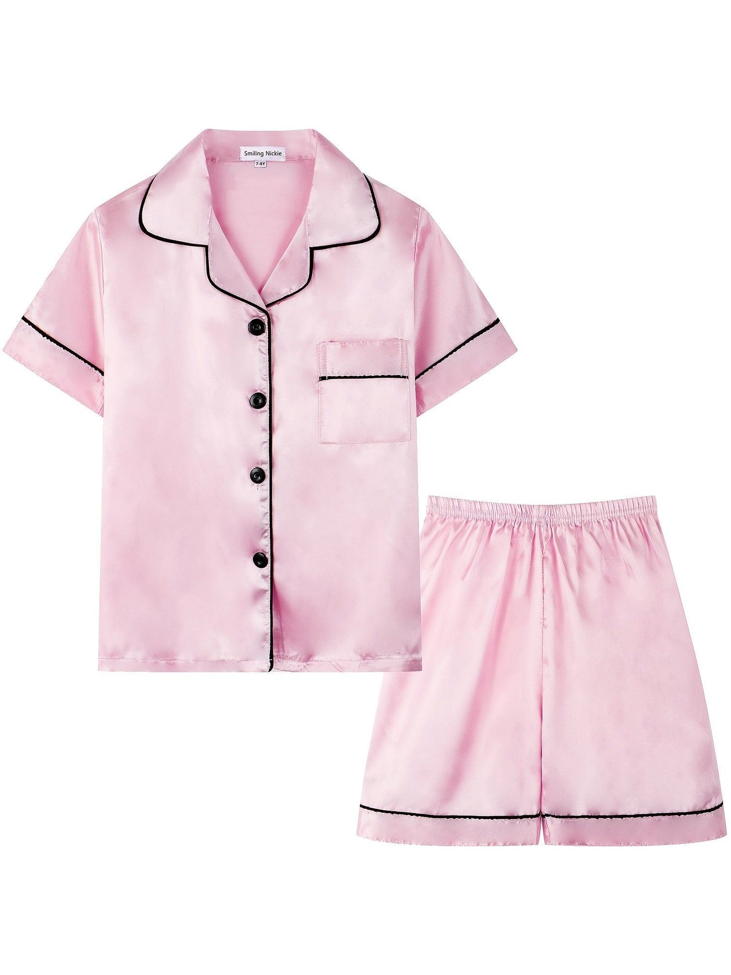 Girls Pajamas Set V Neck Button Short Sleeve Top & Shorts Kids Summer Outfit